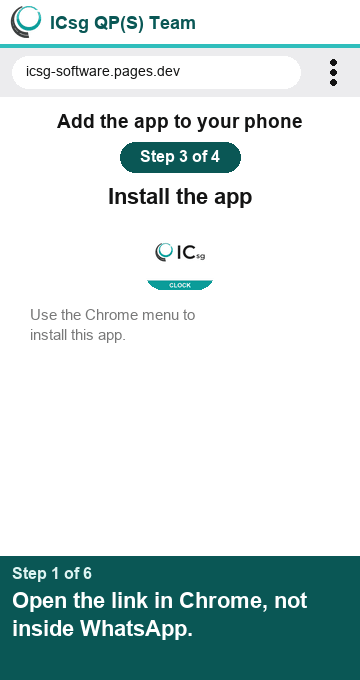 Picture showing how to install the app on Android: menu, Install app, Install